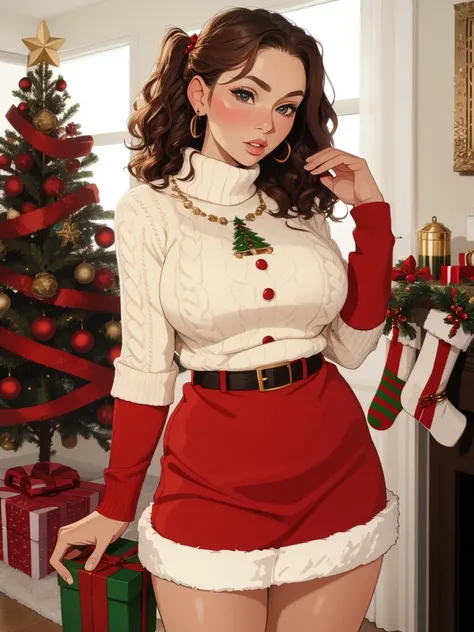 christmas milf, brunette, santa outfit, standing sweater, sexy, seductive, curly hair, nerdy, detailed, masterpiece, milf, chris...