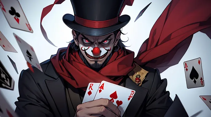 Man in top hat and clown mask and red scarf very angry looking at the spectator and with thunder eyes holding playing cards and ...