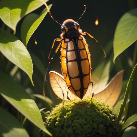 bushes at night，close-up of an insect，(((a glowing firefly)))