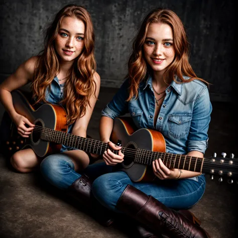 beautiful woman,ginger hair,freckles,smile,dark gray eyes,dark makeup,long leather boots,play on a six string guitar,hyperdetail...