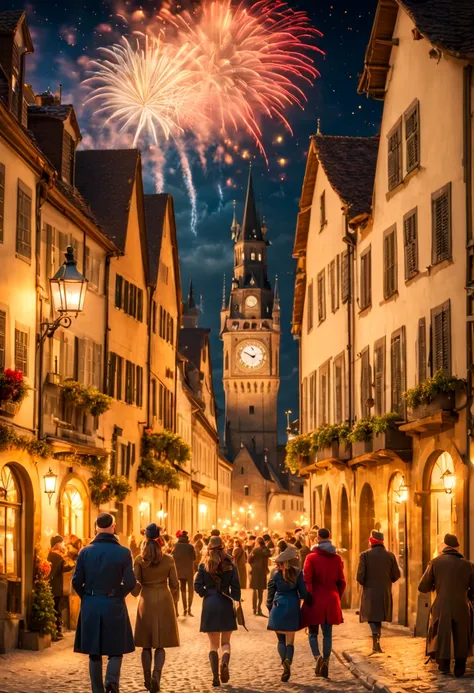 new year's eve celebration in a quaint european village square, fireworks bursting in starry sky, cobblestone streets, revelers ...