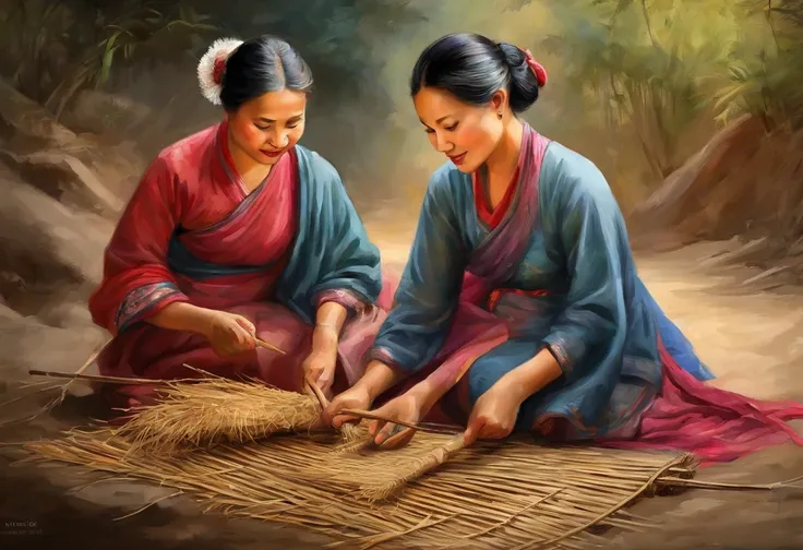 main part, better quality, best quality, official art, chinese women，beautiful and beautiful: 1.2), illustration of 2 rural wome...