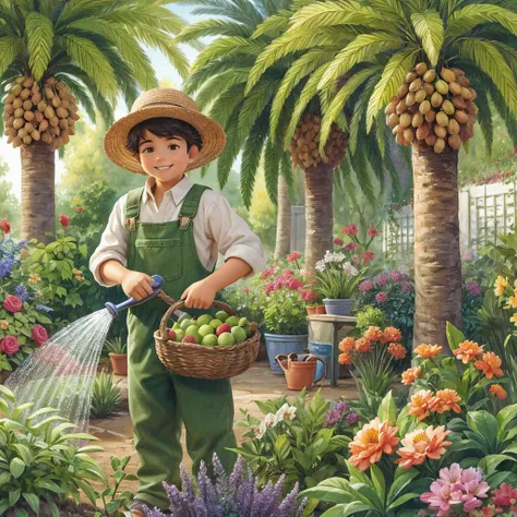 pintura feita em estilo aquarela, onde podemos ver um jardim encantador, with a little gardener boy taking care of various plant...