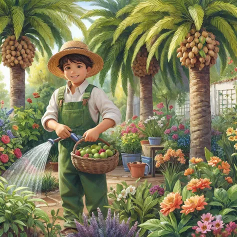 pintura feita em estilo aquarela, onde podemos ver um jardim encantador, with a little gardener boy taking care of various plant...