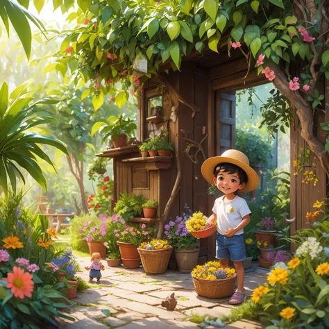 pintura feita em estilo aquarela, onde podemos ver um jardim encantador,  with a little gardener boy portrayed as a baby in appr...