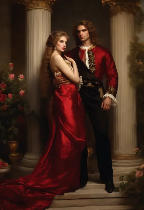 ​((baroque style painting of a beautiful couple)) earrings and bracelets, beautiful and sensual young people, lascivious and mis...