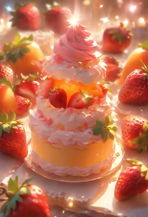 highest image quality、highest quality、masterpiece、movie-like light、cute cake、pink cream、place strawberries and peaches on top、ge...