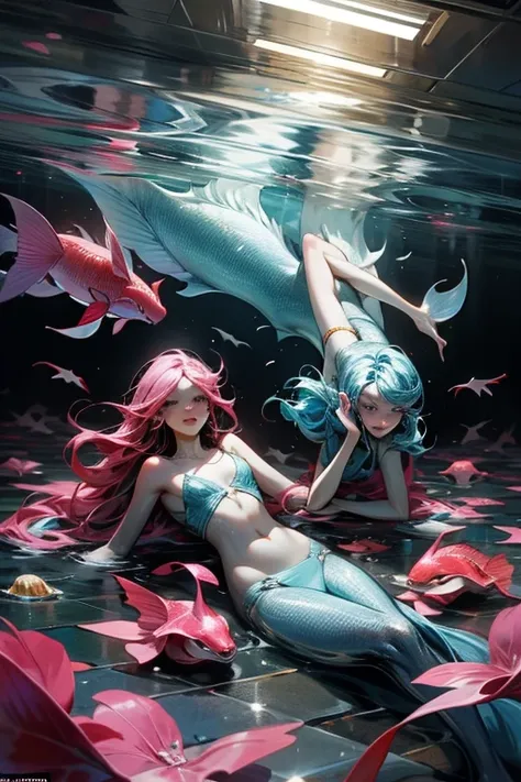 a group of mermaids are swimming in a pool, inspired by david lachapelle, stunningly detailed, las vegas, winner of the year's b...