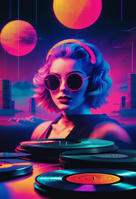 vinyl records,vaporwave aesthetic style, synthwave,