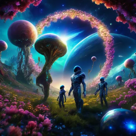 alien landscape, aesthetic, extremely detailed, aliens holding hands in a circle in a meadow of alien flowers, galaxies and plan...