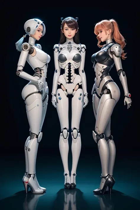 3 female robots with perfect faces
　they are looking at each other and laughing
　embarrassing
　whole body mechanics
　all machine...