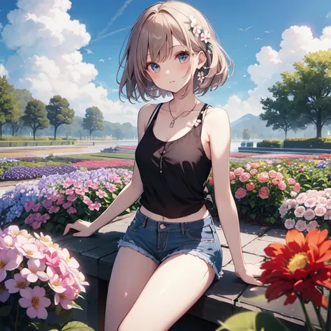 highest quality、masterpiece、8k、null、ruffle tank top、denim shorts、cloud、flower garden