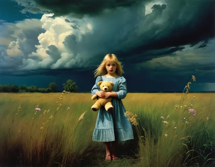 art by edward hopper and jan saudek full figure of a six yearold beautiful girl with windswept blonde hair standing in a meadow ...