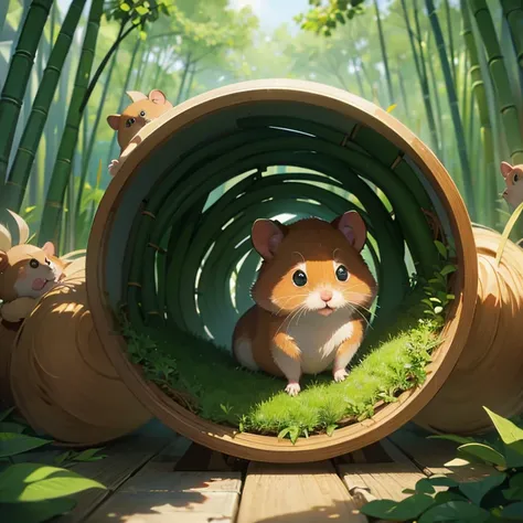 1 hamster,in a bamboo tunnel,