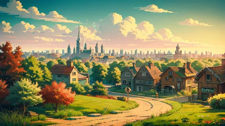 anime style,highest quality, masterpiece,field,retro townscape,  fantasy, brick,simple background, classical