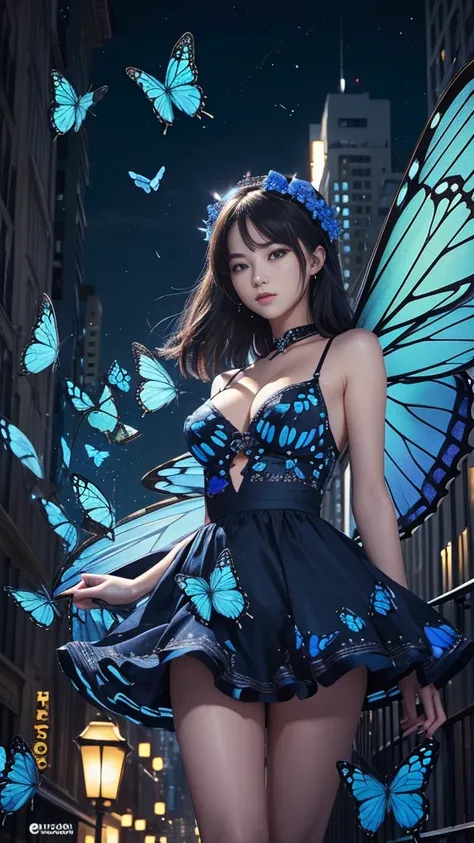 (ultra high definition）（masterpiece）（very detailed）（high quality）（最high quality）16k,blue butterflies in the city,late night,buil...