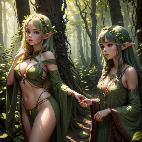 (forest elf:1.1),(female:1.1),colorful tangled hair,olive skin,cautiously stalking the viewer,peeking from around trees,peeking ...