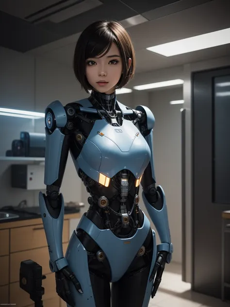 robot-girl，short detailed hair，metal body，she is a doctor，taking care of the elderly