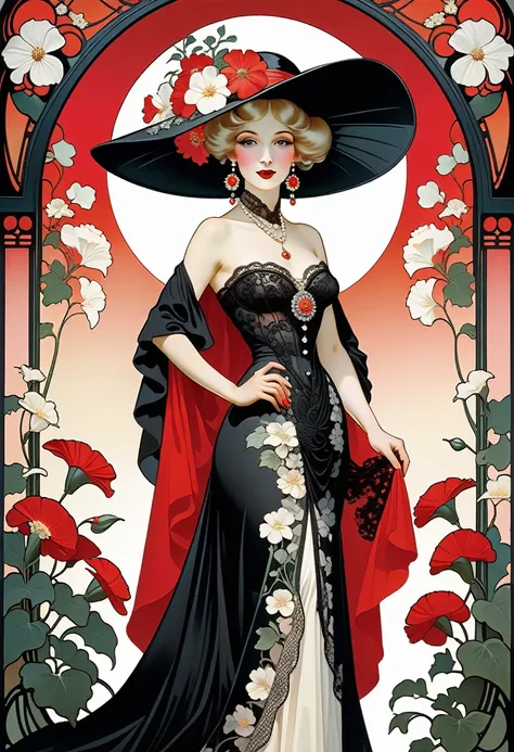 alfons maria mucha full body shot, wearing a black oversized sun hat that slightly covers one eye, applying vibrant red lipstick...