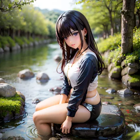 Close-up portrait of a woman sitting on a rock near a body of water, Yoshitomo Nara, Young and skinny gravure idol, Young and cu...