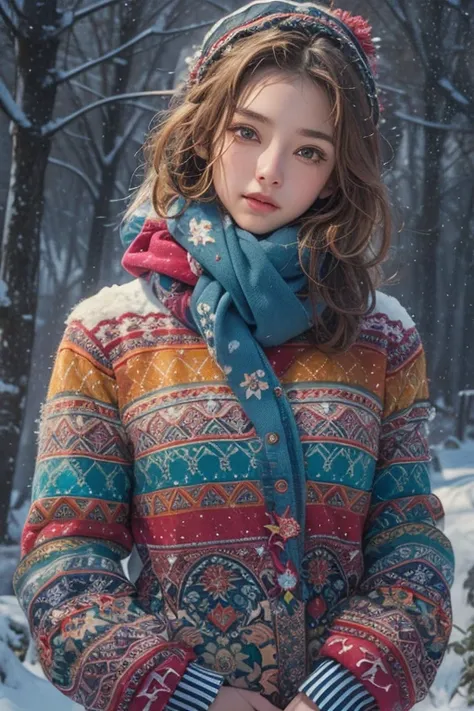 photorealistic, high resolution, 1women, solo, hips up, look at viewer, (detailed face), colorful winter clothes, snow