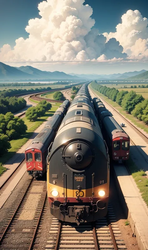 anime train crossing track in sky background, beautiful and harmonious scene, exquisite animation, rich details (width is 672), ...