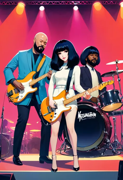 khruangbin, the music band, composed of mark speer a white male guitarist with long black wig, laura lee a white woman bassist w...