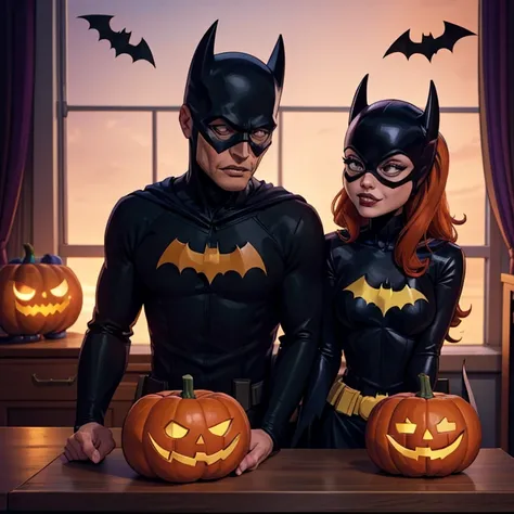 batman and batgirl halloween , batgirl giving batman a Halloween pumpkin with face of joker on in. Happy batgirl, angry batman 