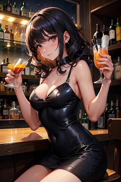 1lady,solo,beauty,ennui,dress,big bust,curly hair,black and medium hair,girls bar,bar,she drinking alcohol in bar,night bar,dark...