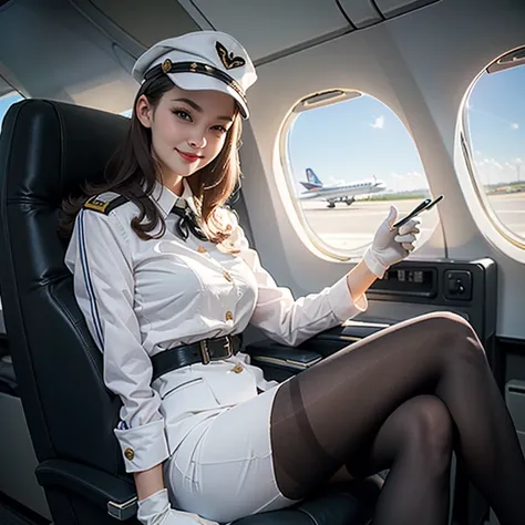 1girl,stewardess,__COLOR__ uniform,garrison cap,pantyhose, white gloves,airplane,sitting,realistic,__COLOR__ hair, pale skin,mat...