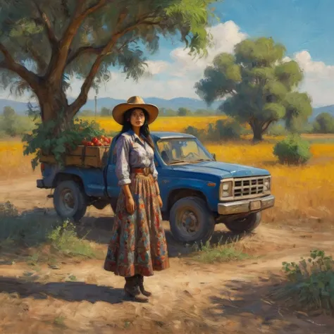 A Malaysian woman dressed like a cowgirl,leaning against her beaten up pickup truck stopped next to a jujube tree,impressionist ...