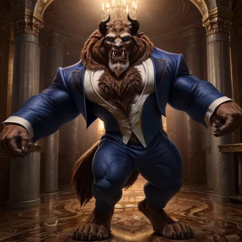 a photorealistic image of the beast from the movie beauty and the beast, super muscular giant, with muscular arms, broad shoulde...