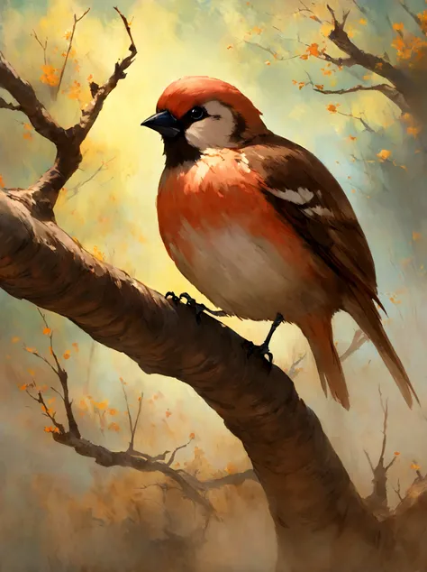 painting of a bird with a pink breast sitting on a branch, a pastel by David Park, Artstation, fine art, painted in acrylic, oil...