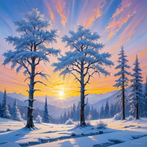 (oil painting:1.5), (rime ice;1.3), (frozen trees:1.3), (alpine zone:1.3), (rime ice covered trees along skyline:1.3), (rime ice...