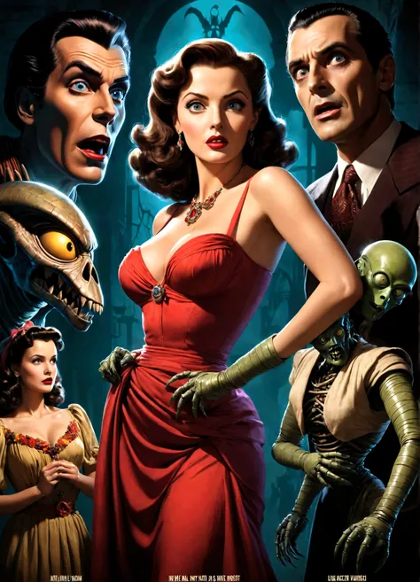 a 40s style movie poster, a buxom belle with a colorful retro outfit is recoiled in terror as the mummy, dracula, and an alien r...