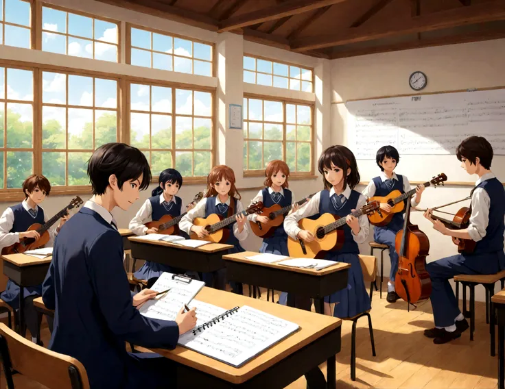 Music exam, scene of students playing instruments, teacher holding clipboard and taking notes beside them, Anime-style illustrat...