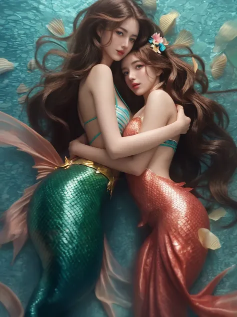 mermaids are hugging in the water with their tails spread