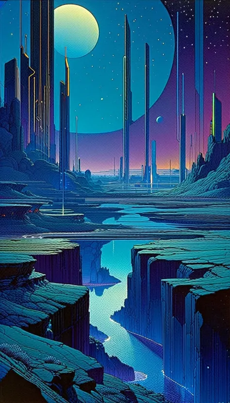 great futuristic landscape:1.5, night (inspired by art by moebius). oil painting)