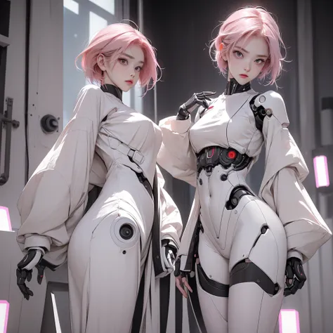 a girl with a full white robotic body, featuring sleek and high-tech components. she has short pink hair, purple eyes, and an an...