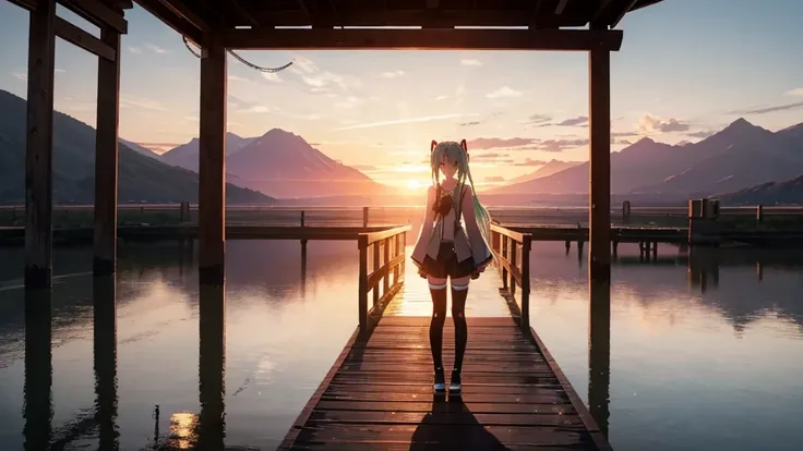 hatsune miku is standing on a wooden bridge lit by the setting sun in an upscaled scene。she stared into the distance、i&#39;m rem...