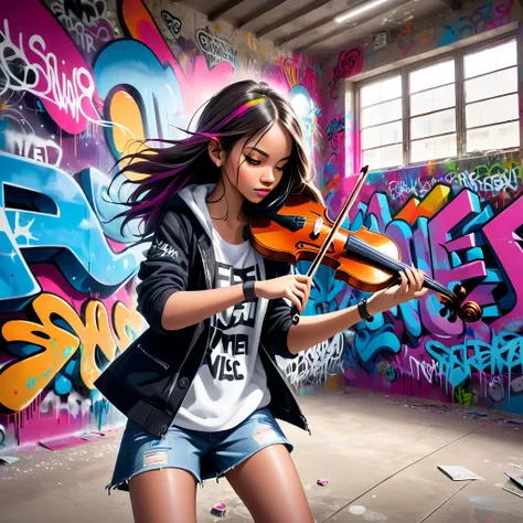 a girl with a swag style playing the violin inside a building with graffiti-covered walls. on the wall behind her, there's a lar...