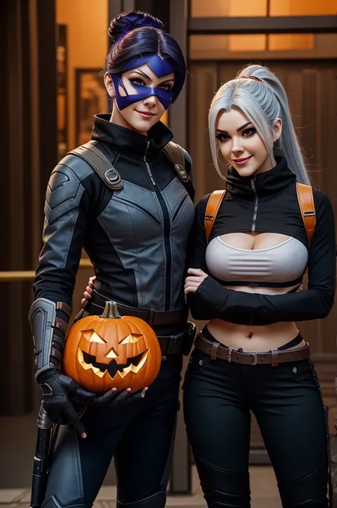 Widowmaker and Ashe from Overwatch having a relationship with a man with a black balaclava and an orange pumpkin smile
