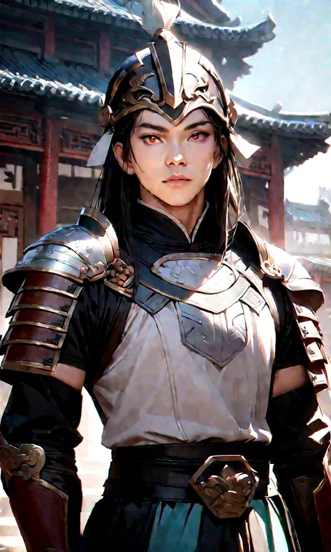25 year old Chinese man,middle aged man,realistic,chinese_Armor,alone,Background of ancient chinese cities,detailed_eye,shoulder...