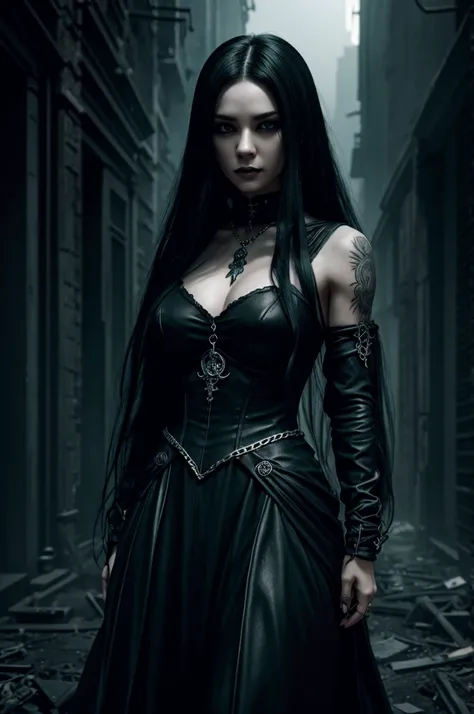 anime woman with long black hair, gothic make-up, silver jewelry, complex tattoos, dark academia outfit, standing in a dystopian...