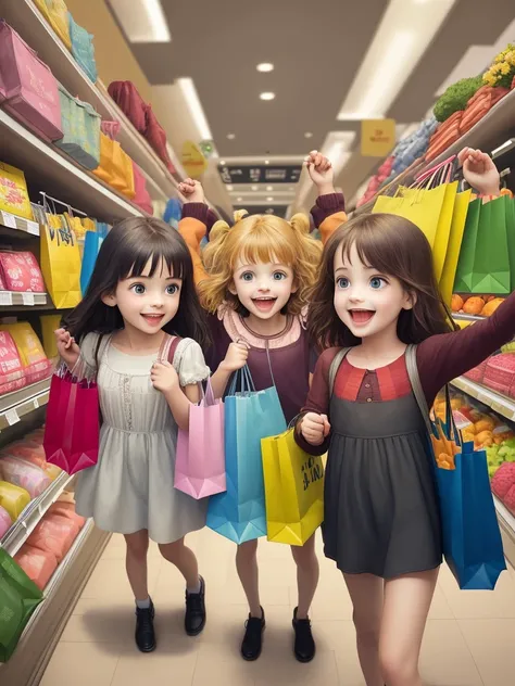 cheerful children with shopping bags in the store with good prices and lots of people around