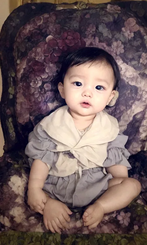 arafed photograph of a baby sitting on a chair with a flowered background, restored