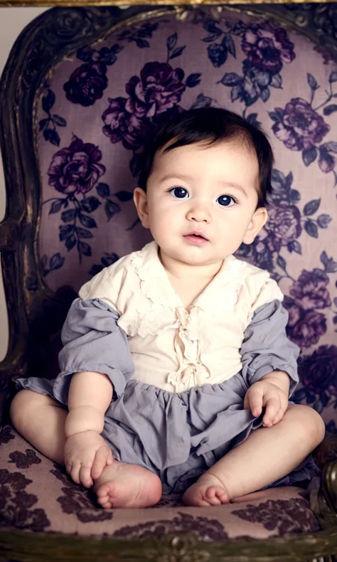 arafed photograph of a baby sitting on a chair with a flowered background, restored, best quality, highly detailed, baby boy