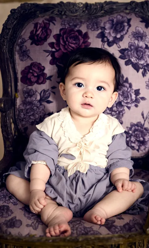 arafed photograph of a baby sitting on a chair with a flowered background, restored, best quality, highly detailed, baby boy