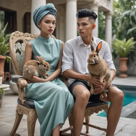 a stunning portrait photograph featuring a beautiful 20-year-old indonesian woman with a chic headscarf, sitting on a uniquely d...