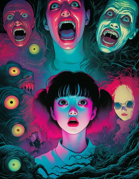 an illustration、art、80s horror movie posters, supervised by junji ito、high detail, realistic shadows、analog style, chromatic abe...